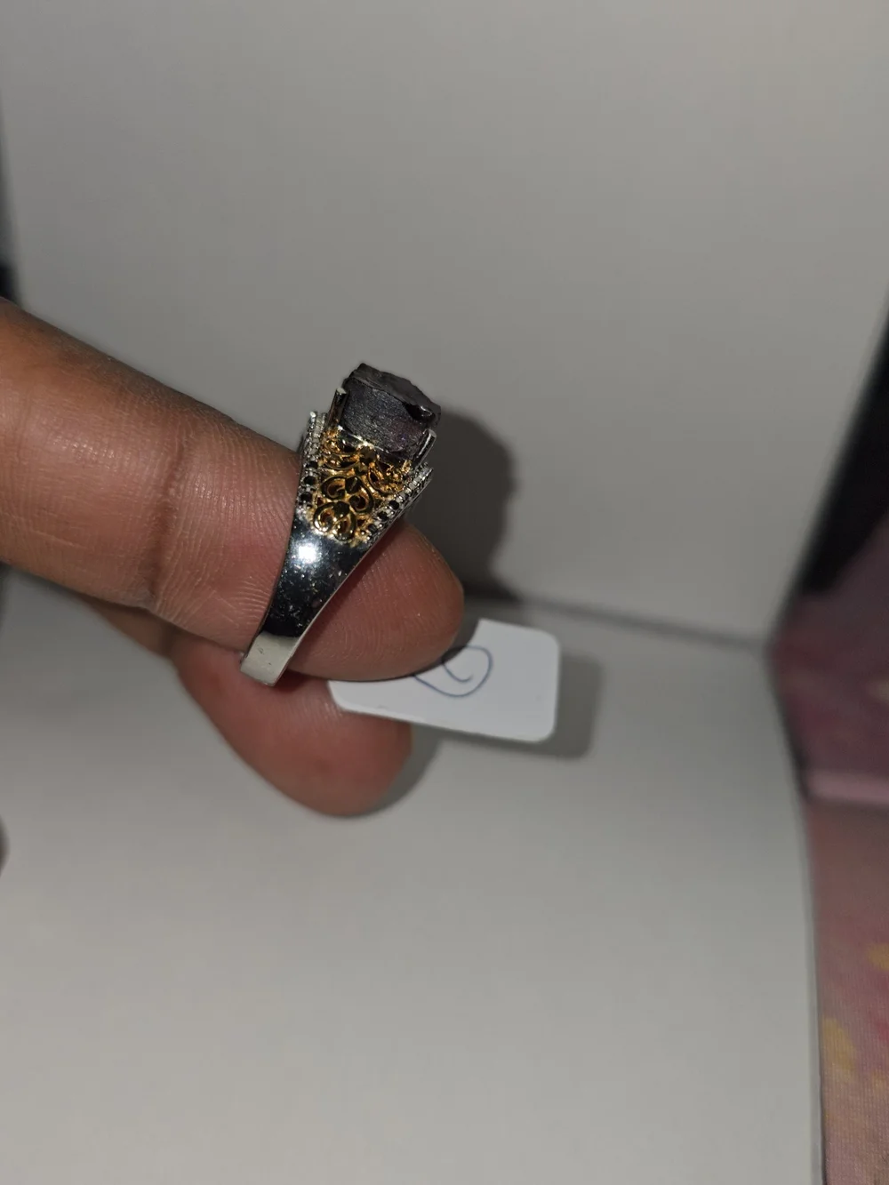 Silver & Gold Statement Ring with Dark Purple Raw Gemstones